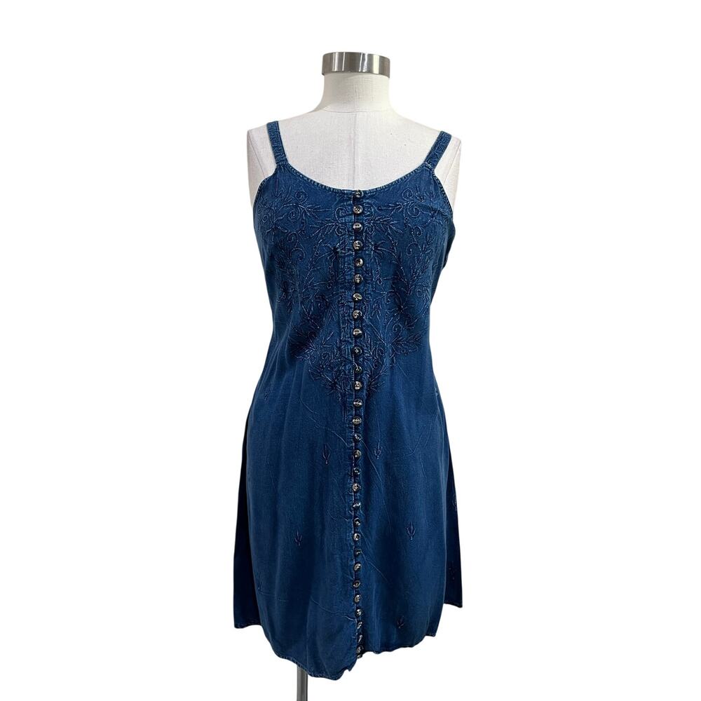 Raya Sun Embroidered Denim Mini Dress Button Front Back Tie Boho Size M